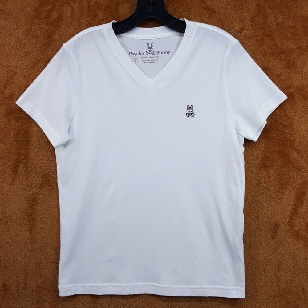 PSYCHO BUNNY Top Womens Size 2 XXS White Pullover V-Neck Logo Tee T-Shirt